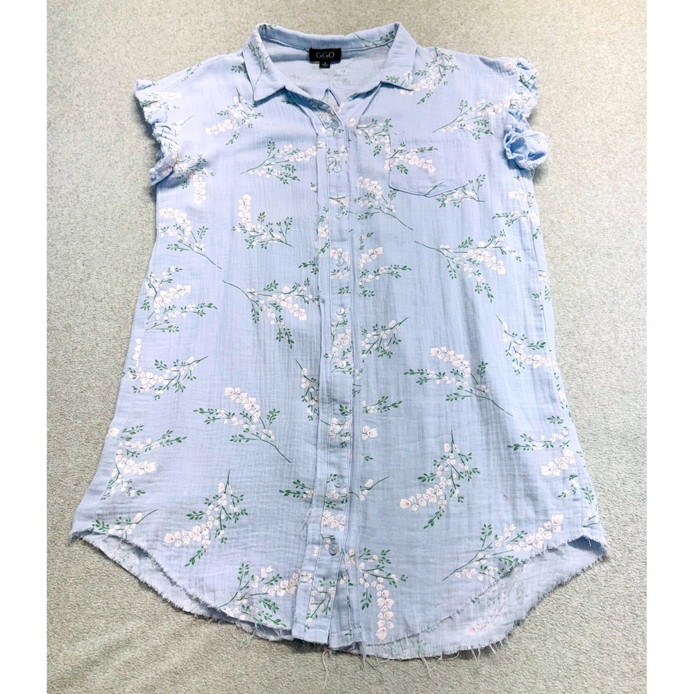 GiGiO USA Tunic Dress Womens S Blue Floral 100% Cotton Ruffle Sleeve Button